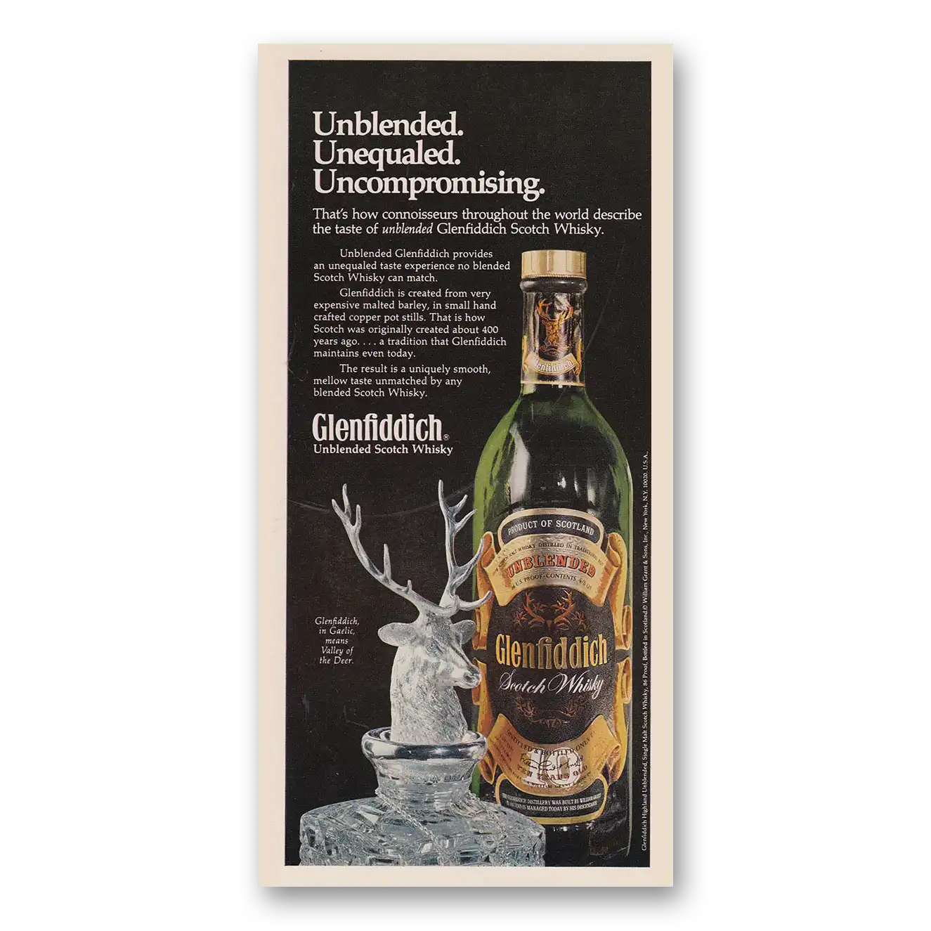 1979 Glenfiddich Unblended Unequaled Uncompromising Vintage Magazine Print Ad