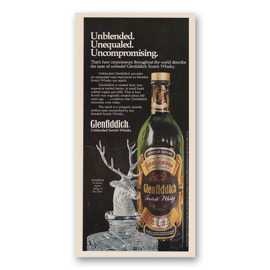 1979 Glenfiddich Unblended Unequaled Uncompromising Vintage Magazine Print Ad