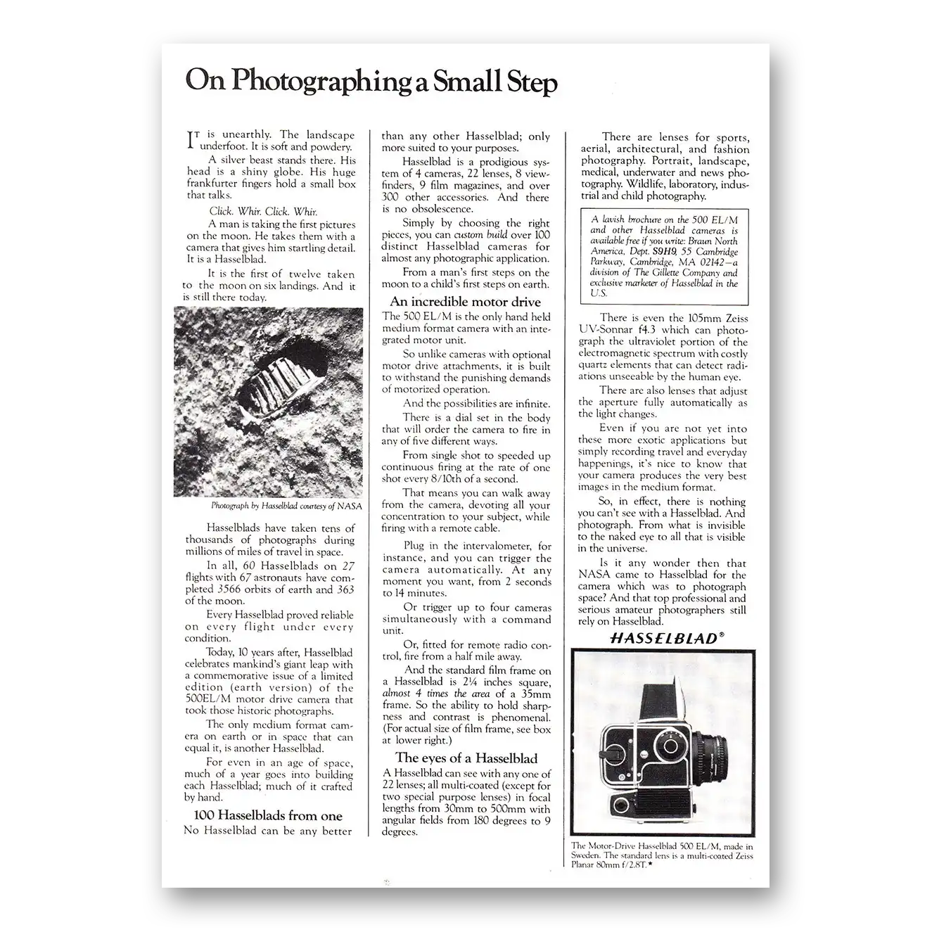 1979 Hasselblad Photographing a Small Step Vintage Magazine Print Ad