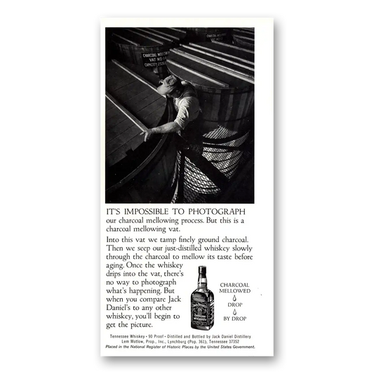 1979 Jack Daniels Impossible to Photograph Charcoal Mellowing Vintage Magazine Print Ad