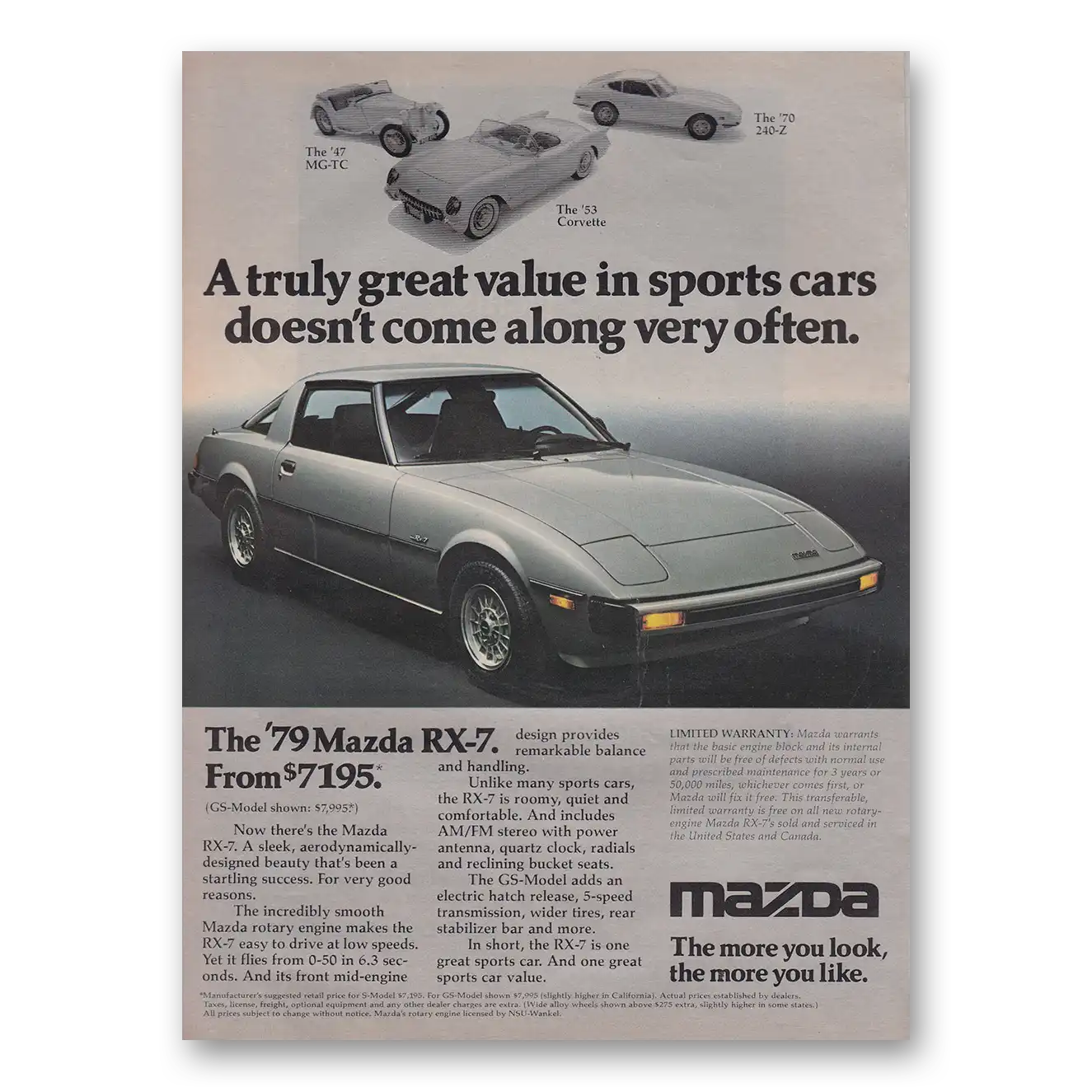 1979 Mazda RX7 Truly Great Value in Sports Cars Vintage Magazine Print Ad