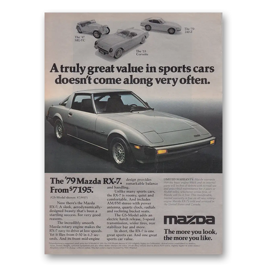 1979 Mazda RX7 Truly Great Value in Sports Cars Vintage Magazine Print Ad