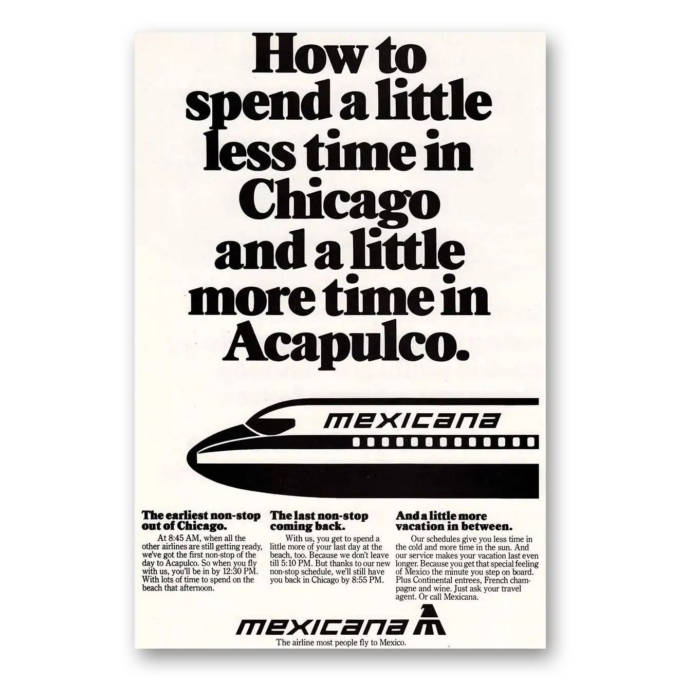 1979 Mexicana Airlines Less Time in Chicago Vintage Magazine Print Ad