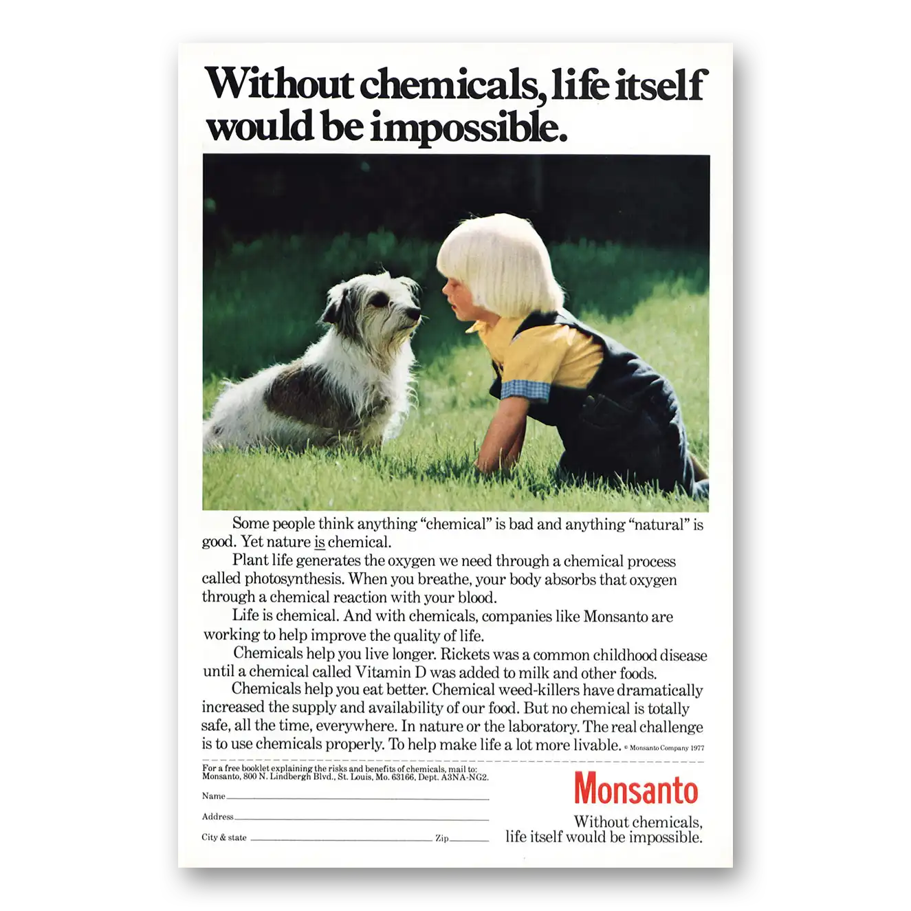 1979 Monsanto Without Chemical Boy Dog Vintage Magazine Print Ad