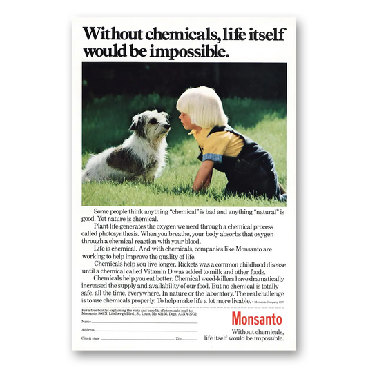 1979 Monsanto Without Chemical Boy Dog Vintage Magazine Print Ad