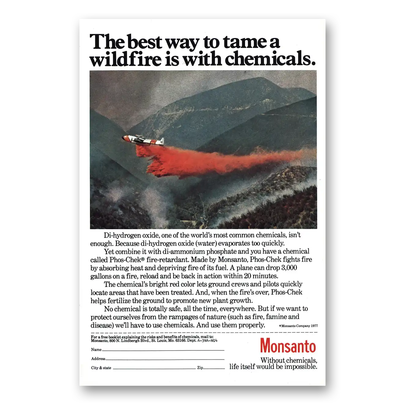 1979 Monsanto Tame Wildfire With Chemicals Vintage Magazine Print Ad