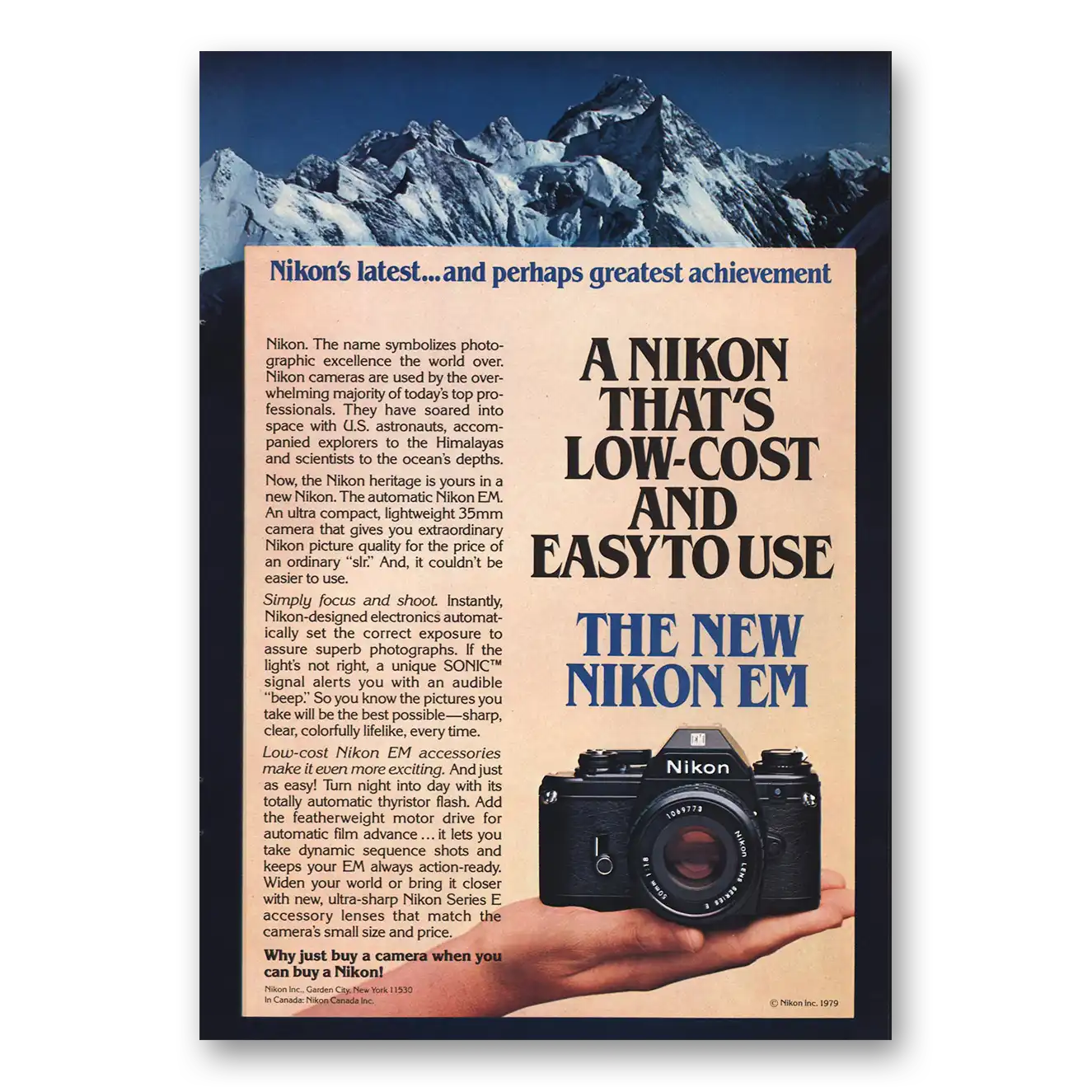 1979 Nikon Camera EM Camera Latest and Perhaps Greatest Achievement Vintage Magazine Print Ad