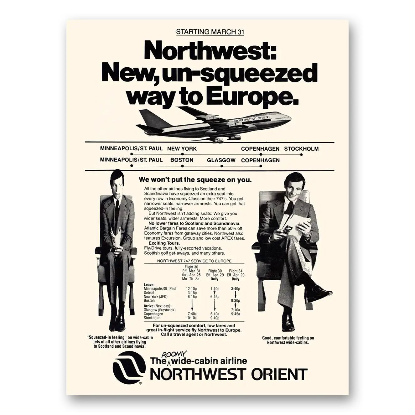 1979 Northwest Orient Airlines Un Squeezed Way to Europe Vintage Magazine Print Ad