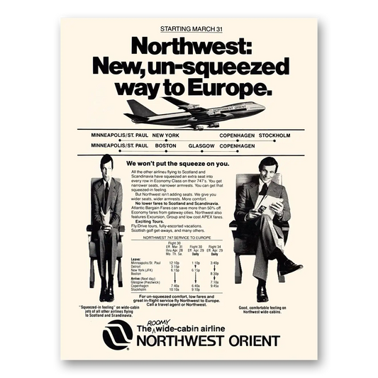 1979 Northwest Orient Airlines Un Squeezed Way to Europe Vintage Magazine Print Ad