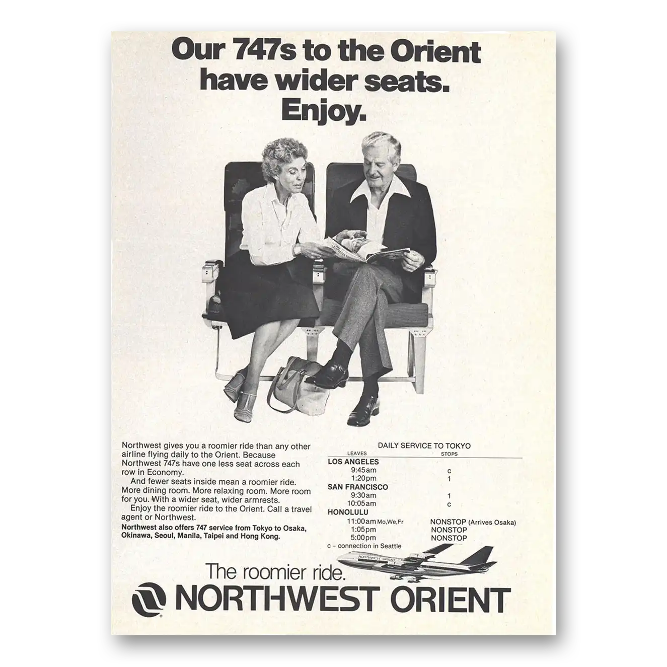 1979 Northwest Orient Airlines 747s to the Orient Have Wider Seats Vintage Magazine Print Ad