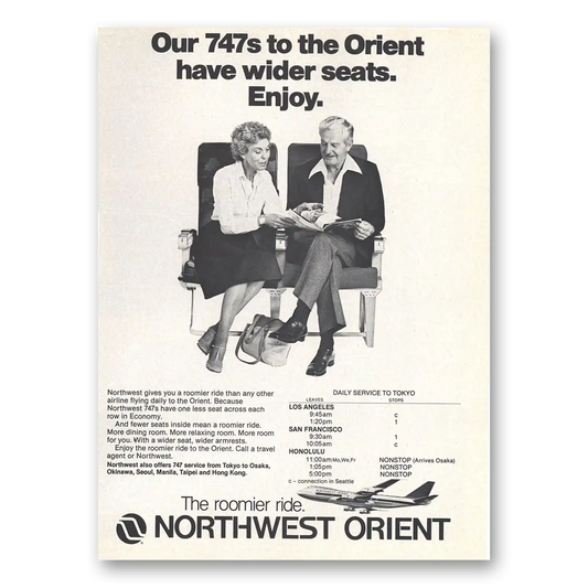 1979 Northwest Orient Airlines 747s to the Orient Have Wider Seats Vintage Magazine Print Ad