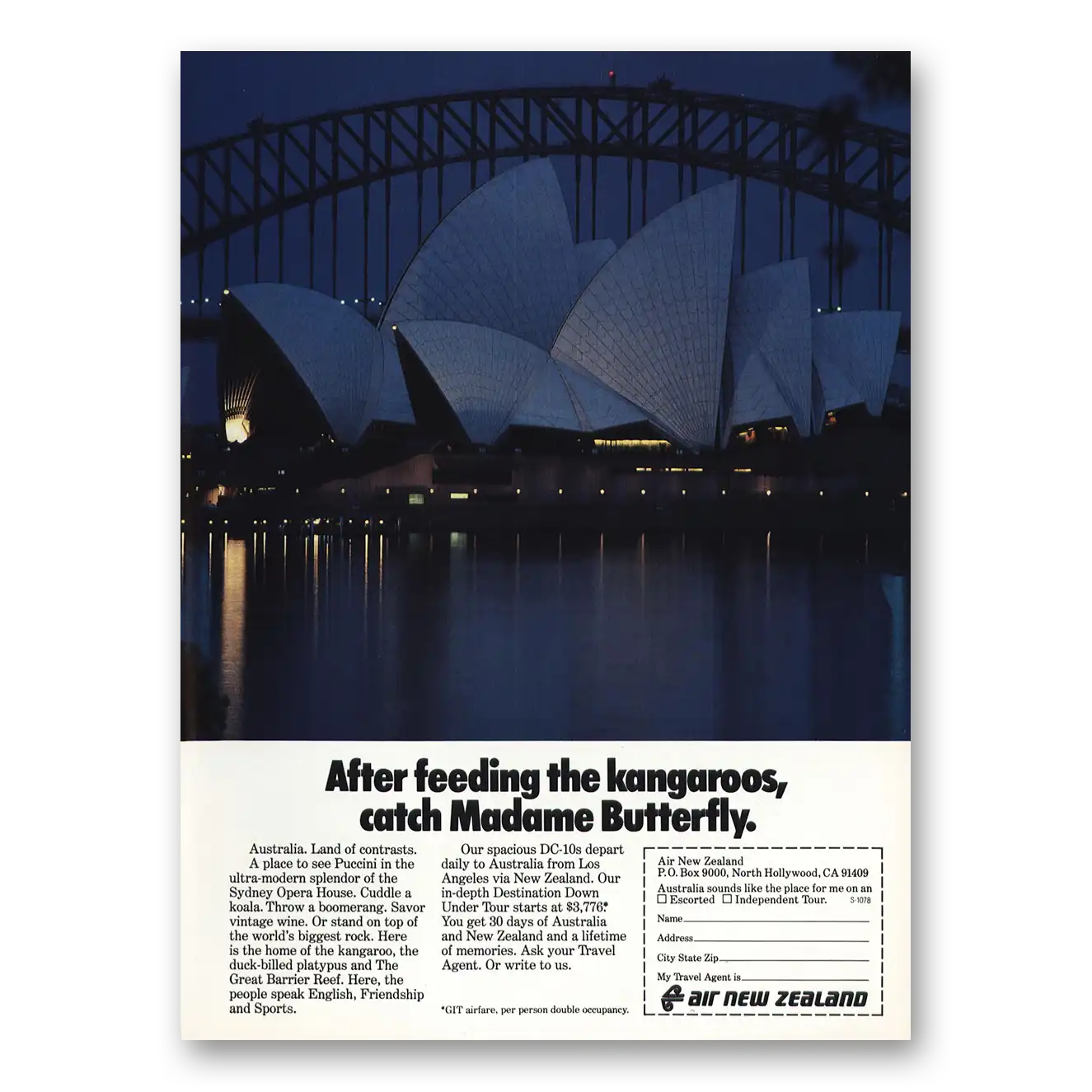 1979 Air New Zealand After Feeding Kangaroos Madame Butterfly Vintage Magazine Print Ad