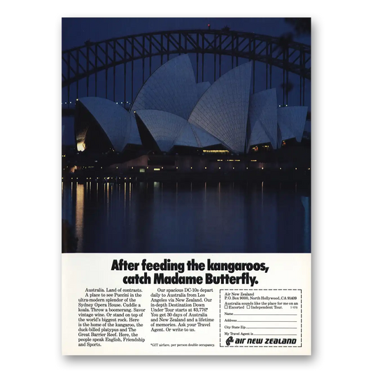 1979 Air New Zealand After Feeding Kangaroos Madame Butterfly Vintage Magazine Print Ad