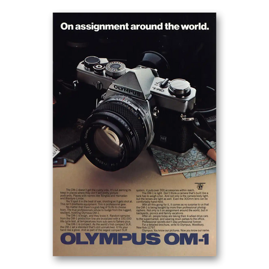 1979 Olympus Camera OM 1 On Assignment Around the World Vintage Magazine Print Ad