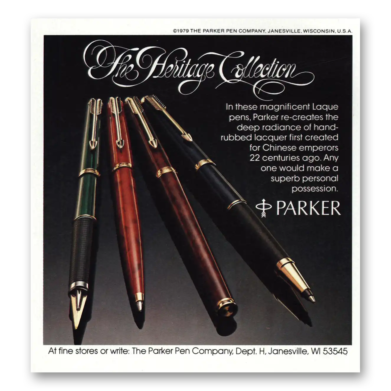 1979 Parker Pens Heritage Collection Laque Pens Vintage Magazine Print Ad