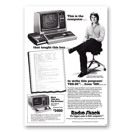 1979 Radio Shack TRS80 Computer Taught This Boy to Write Program Vintage Magazine Print Ad