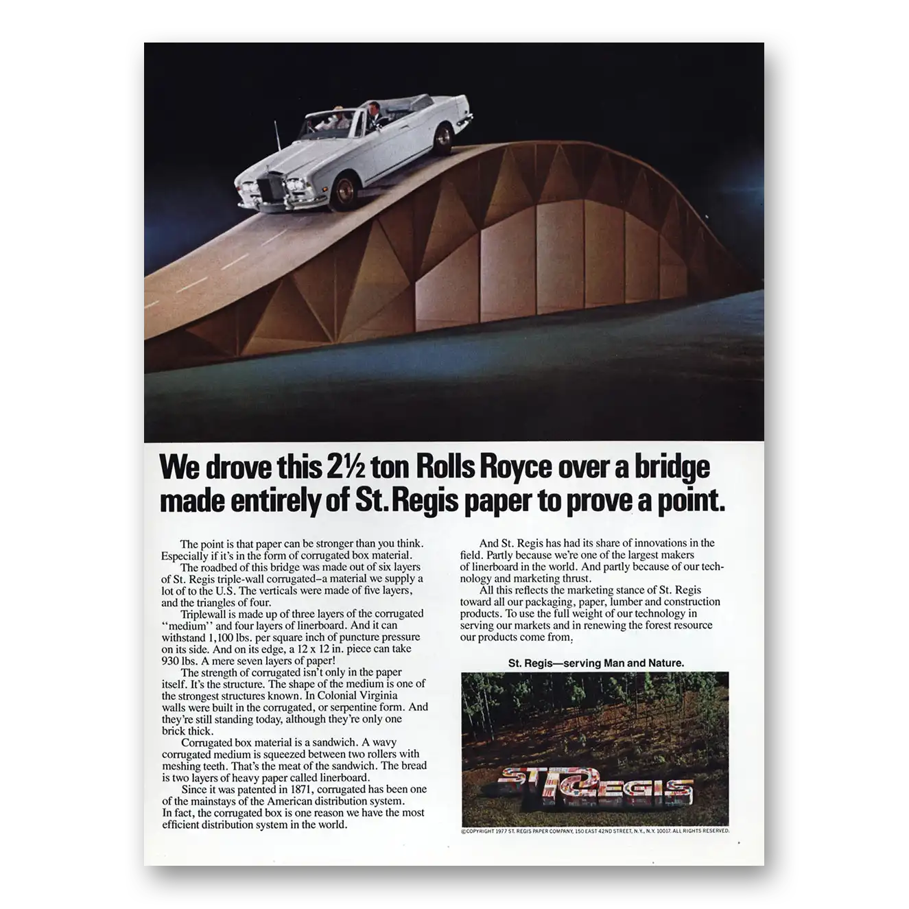 1979 St Regis Paper Drove Rolls Royce Over a Bridge Vintage Magazine Print Ad