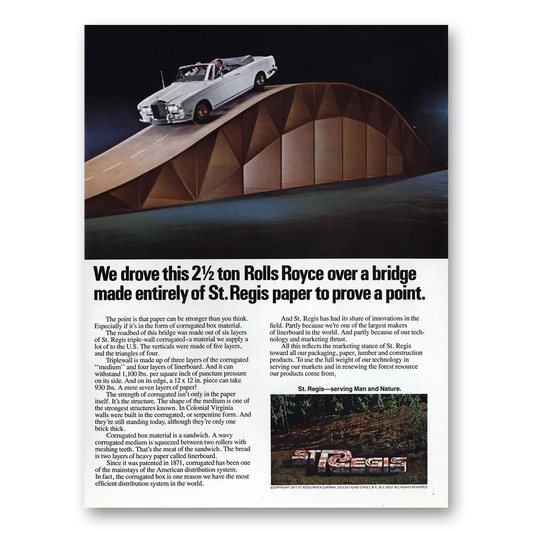 1979 St Regis Paper Drove Rolls Royce Over a Bridge Vintage Magazine Print Ad