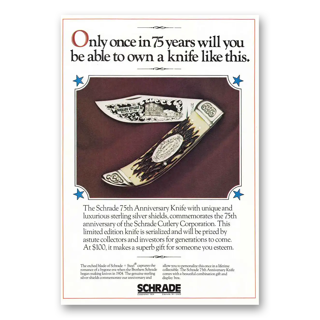 1979 Schrade Knife Only Once in 75 Years Will You Be Able to Own Vintage Magazine Print Ad