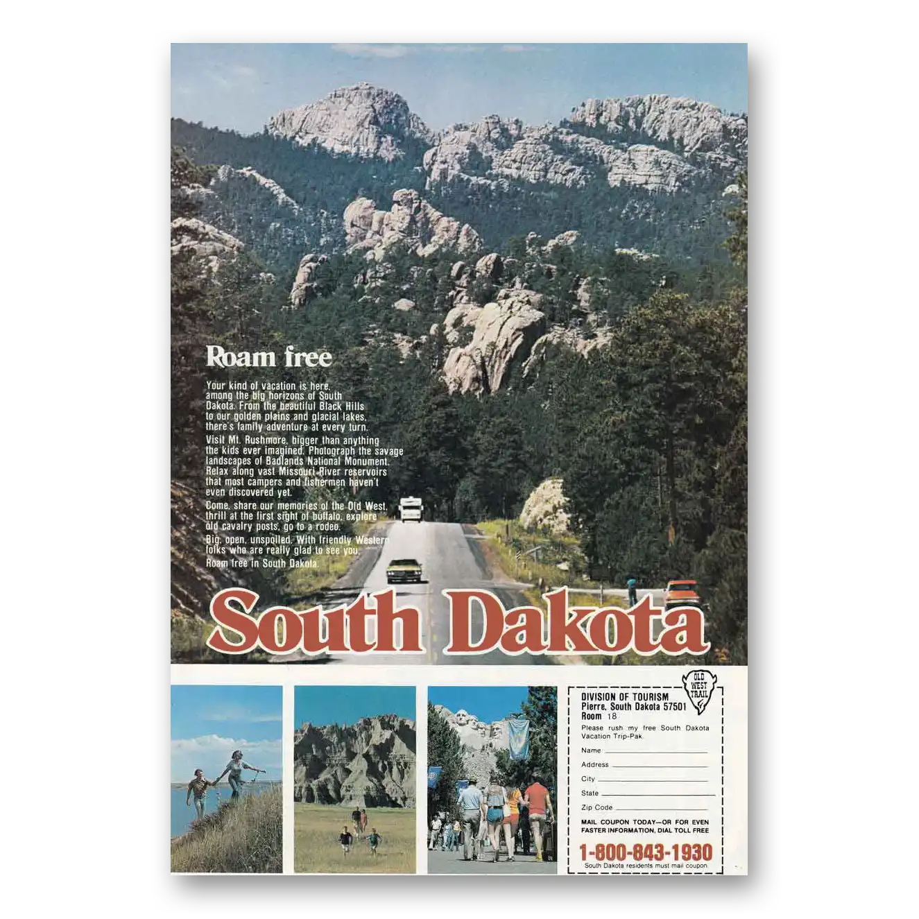 1979 South Dakota Roam Free Vintage Magazine Print Ad