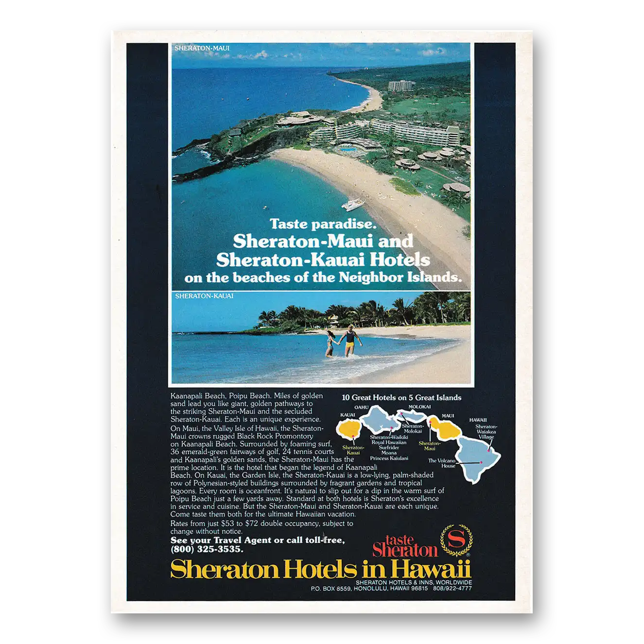 1979 Sheraton Hotels Hawaii Taste Paradise Maui Kauai Vintage Magazine Print Ad