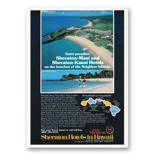 1979 Sheraton Hotels Hawaii Taste Paradise Maui Kauai Vintage Magazine Print Ad