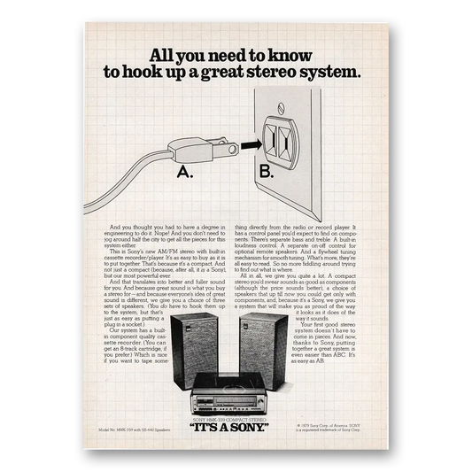 1979 Sony Stereo All You Need to Know To Hook Up a Great Stereo System Vintage Magazine Print Ad