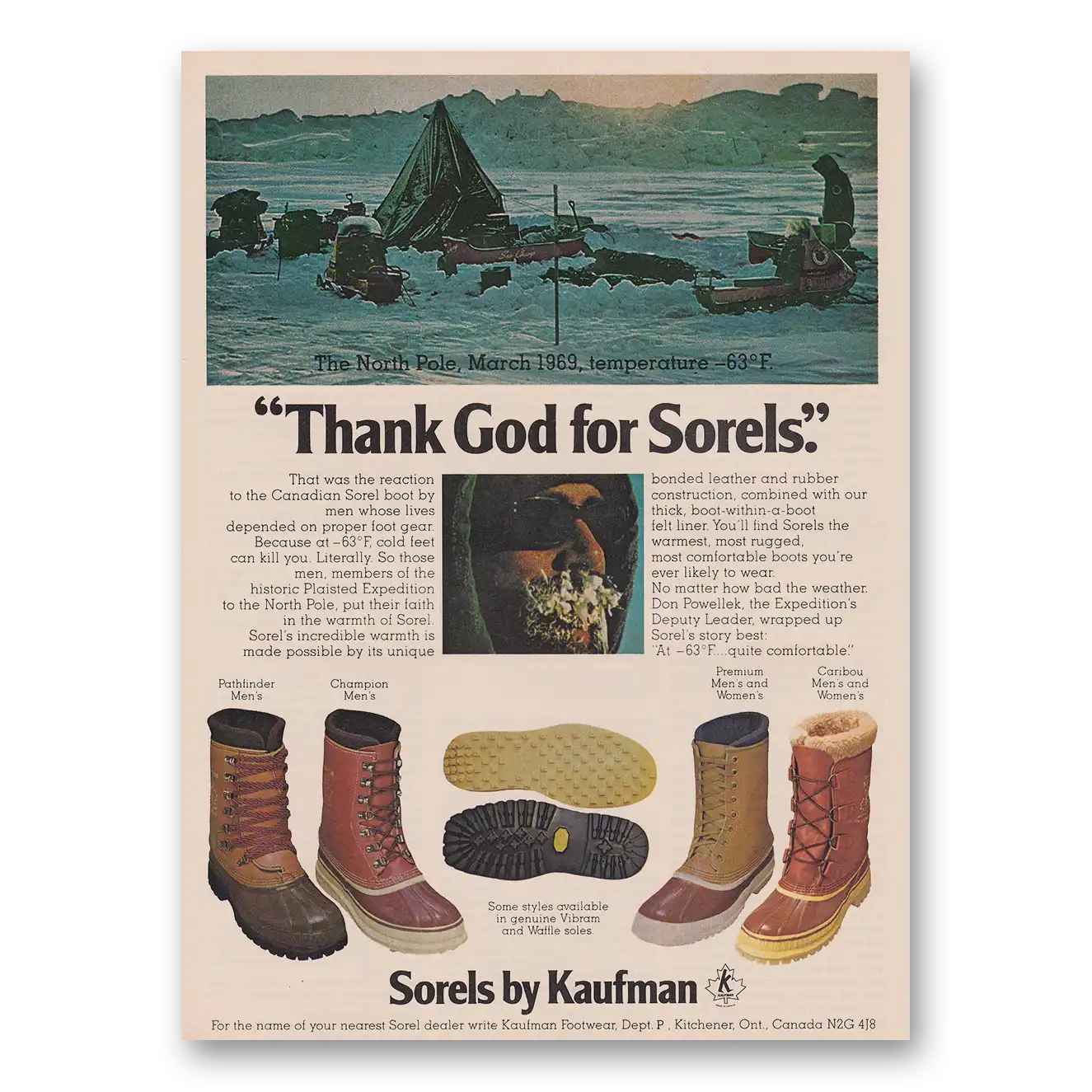 1979 Sorel Boots Thank God for Sorels North Pole Vintage Magazine Print Ad