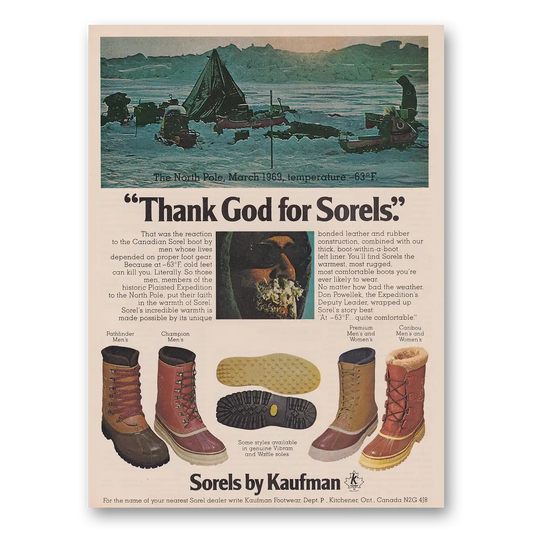 1979 Sorel Boots Thank God for Sorels North Pole Vintage Magazine Print Ad