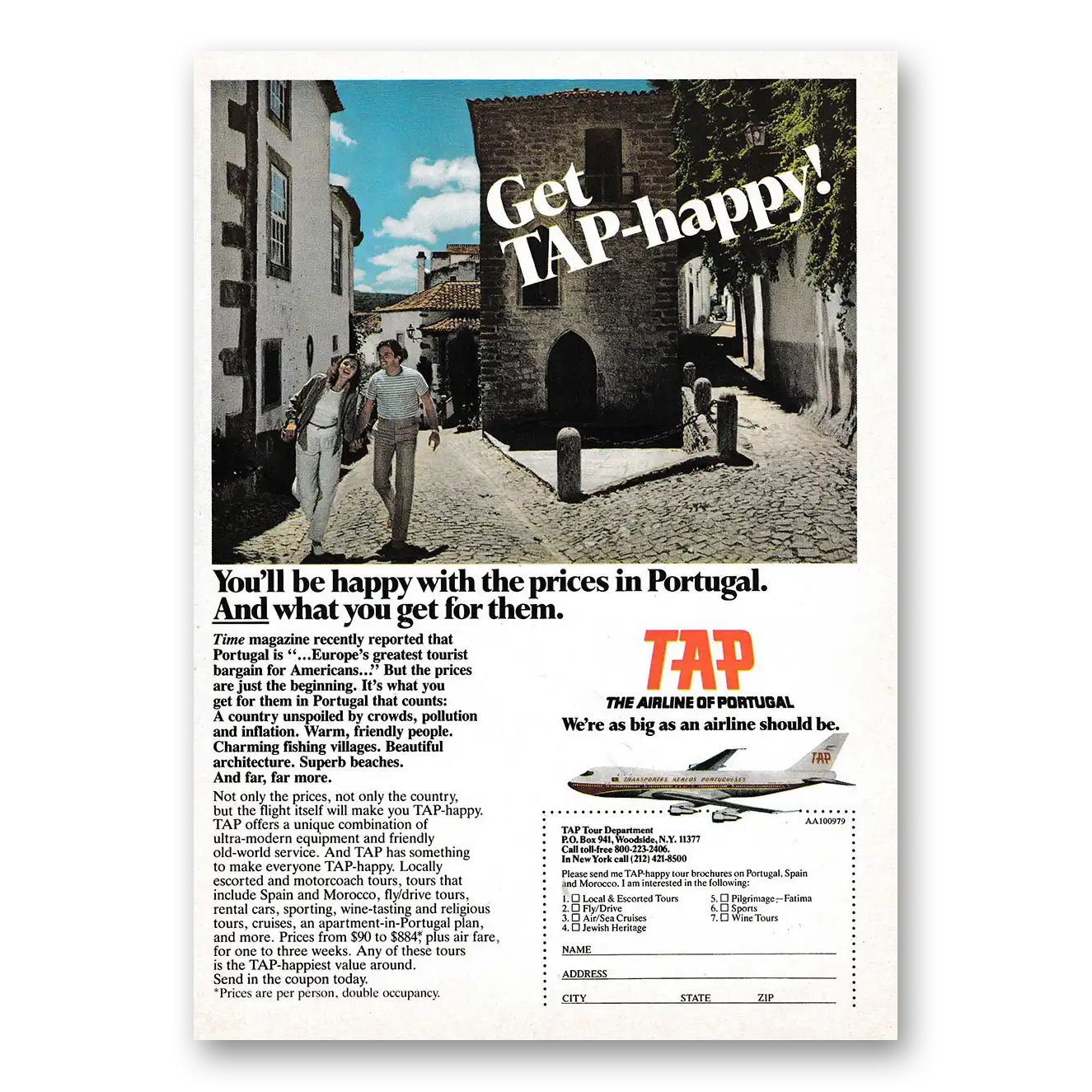 1979 TAP Portuguese Airways Get TAP Happy Vintage Magazine Print Ad