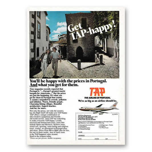 1979 TAP Portuguese Airways Get TAP Happy Vintage Magazine Print Ad