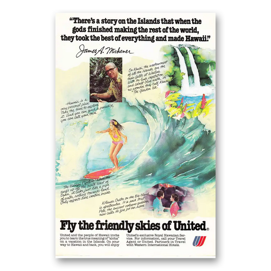 1979 United Airlines Story on the Islands Michener Vintage Magazine Print Ad