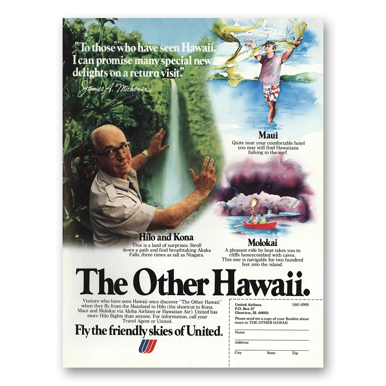 1979 United Airlines Hawaii James Michener Vintage Magazine Print Ad