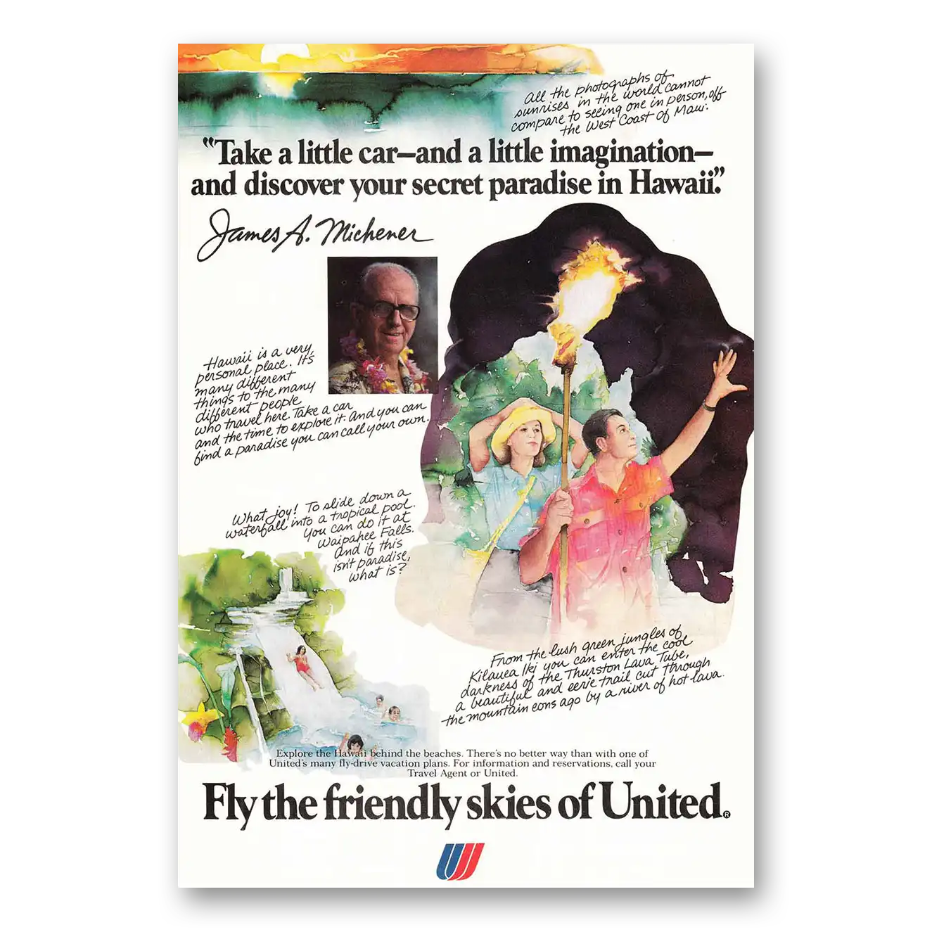 1979 United Airlines James Michener Little Car Vintage Magazine Print Ad