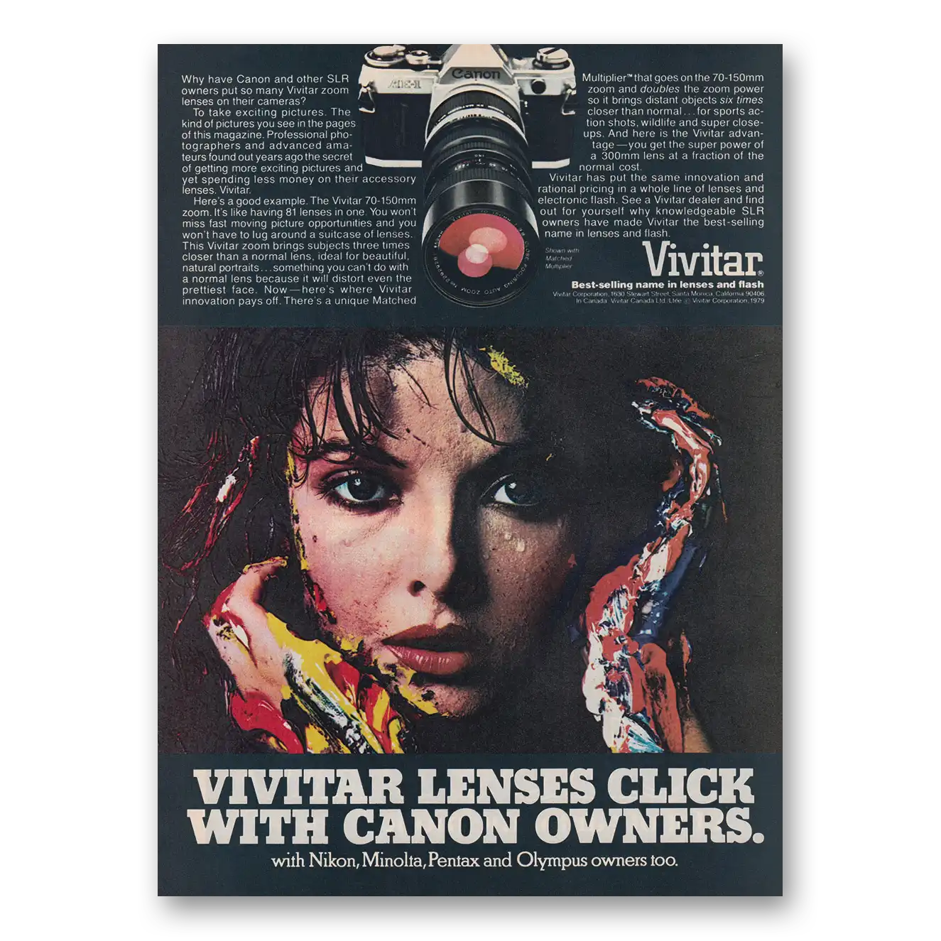 1979 Vivitar Cameras Lenses Click With Canon Owners Vintage Magazine Print Ad