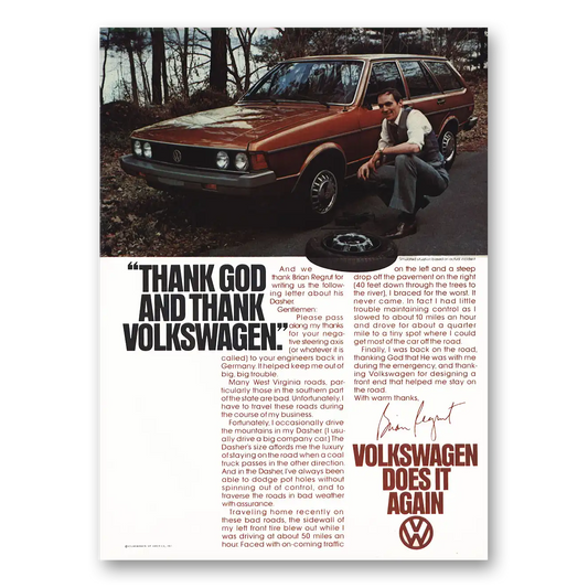 1979 Volkswagen Dasher Thank God and Thank Volkswagen Vintage Magazine Print Ad