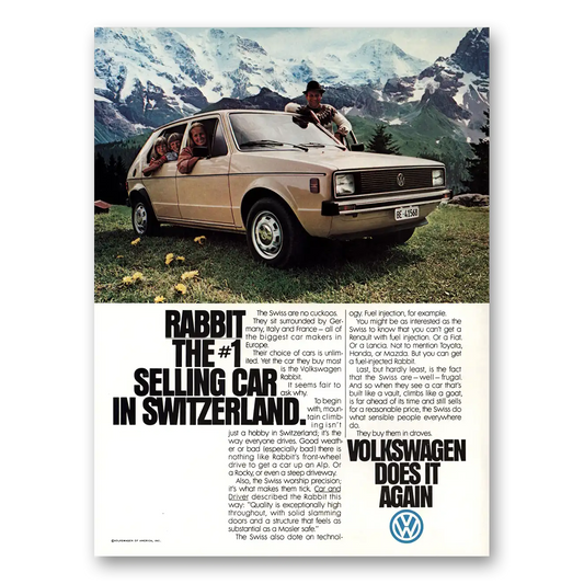 1979 Volkswagen Rabbit Number One Selling Car In Switzerland Vintage Magazine Print Ad