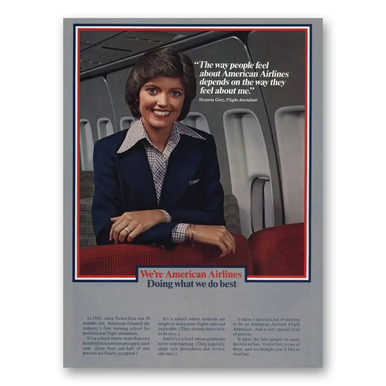 1980 American Airlines Flight Attendant Victoria Getz Vintage Magazine Print Ad