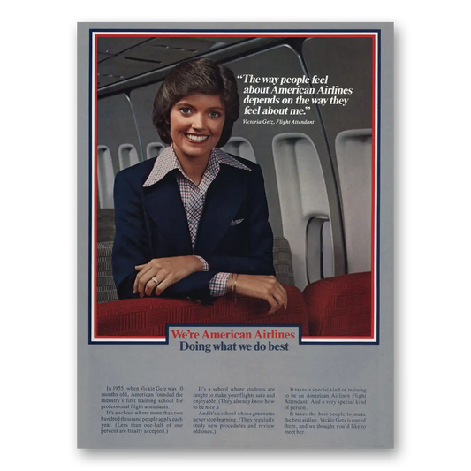 1980 American Airlines Flight Attendant Victoria Getz Vintage Magazine Print Ad