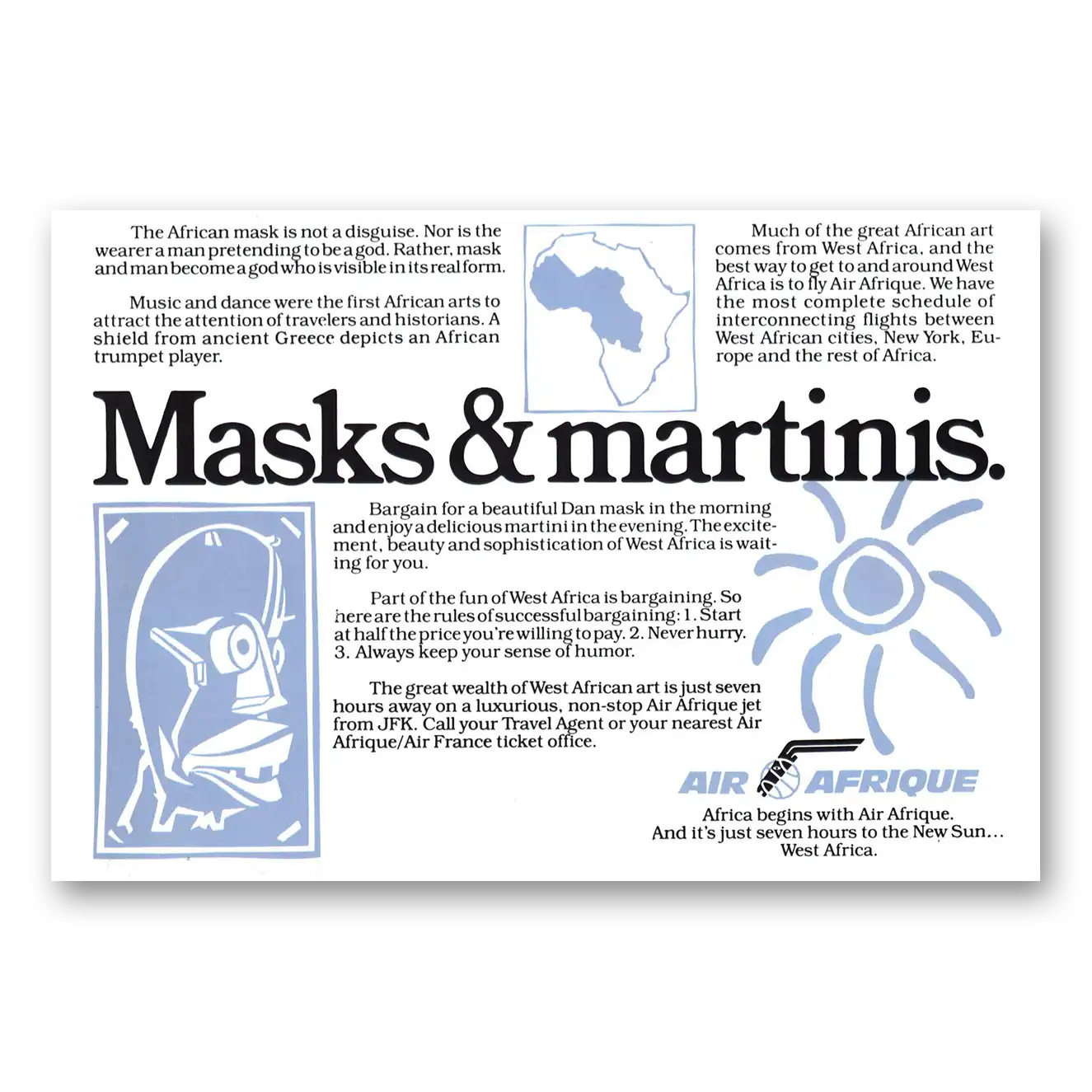 1980 Air Afrique Masks and Martinis Vintage Magazine Print Ad