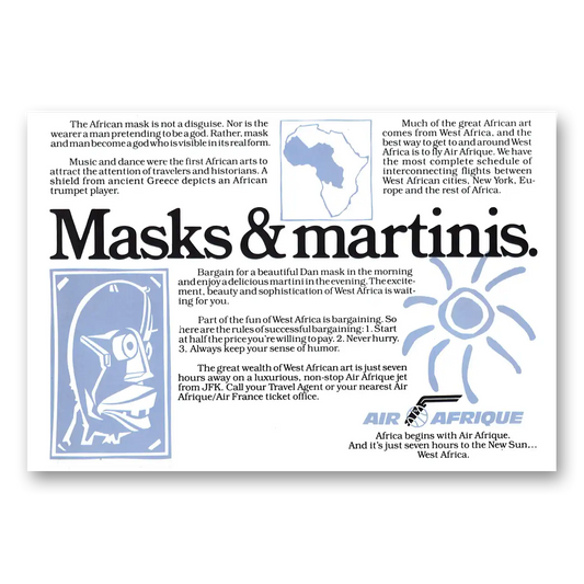 1980 Air Afrique Masks and Martinis Vintage Magazine Print Ad