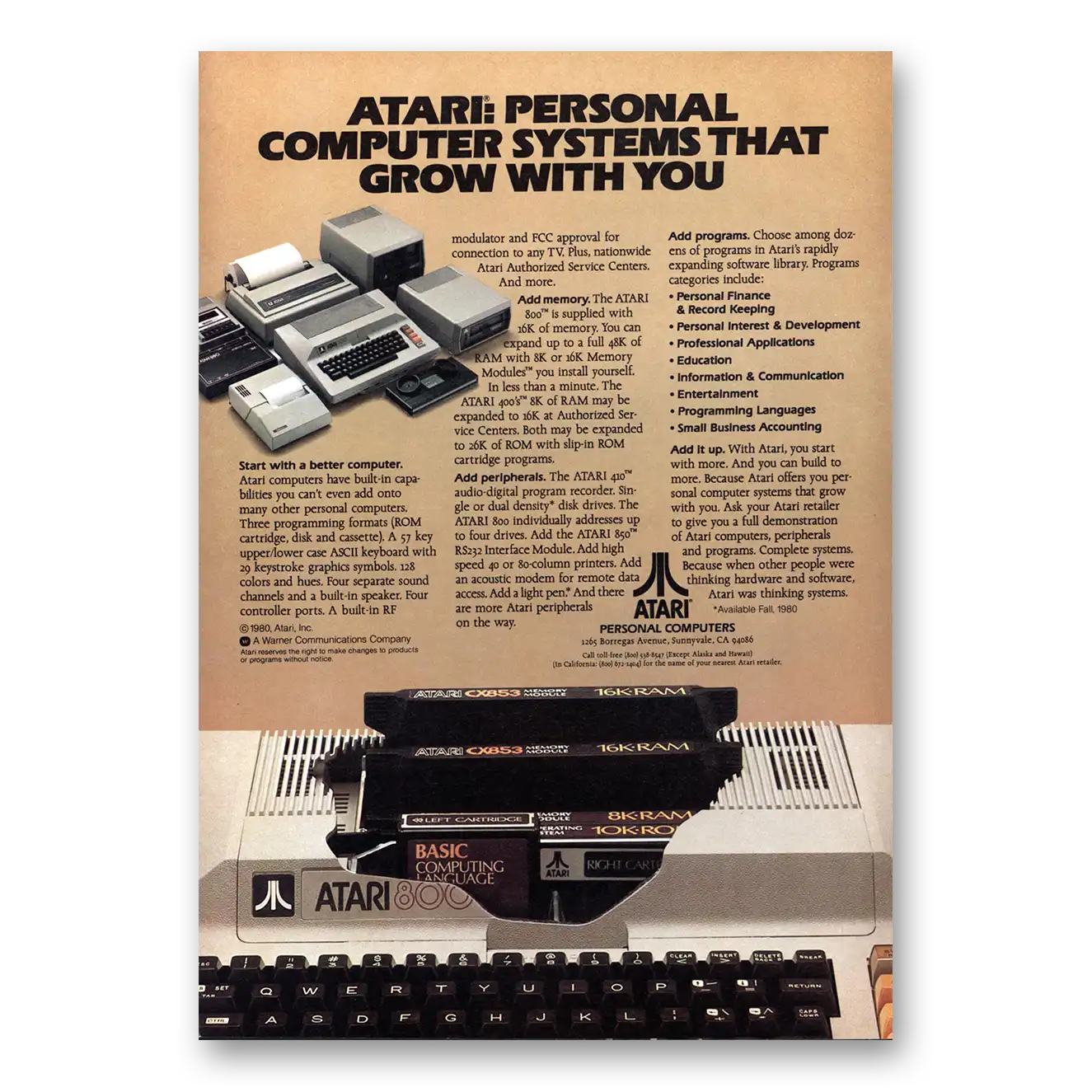 1980 Atari Personal Computer Systems That Grow With You Vintage Magazine Print Ad