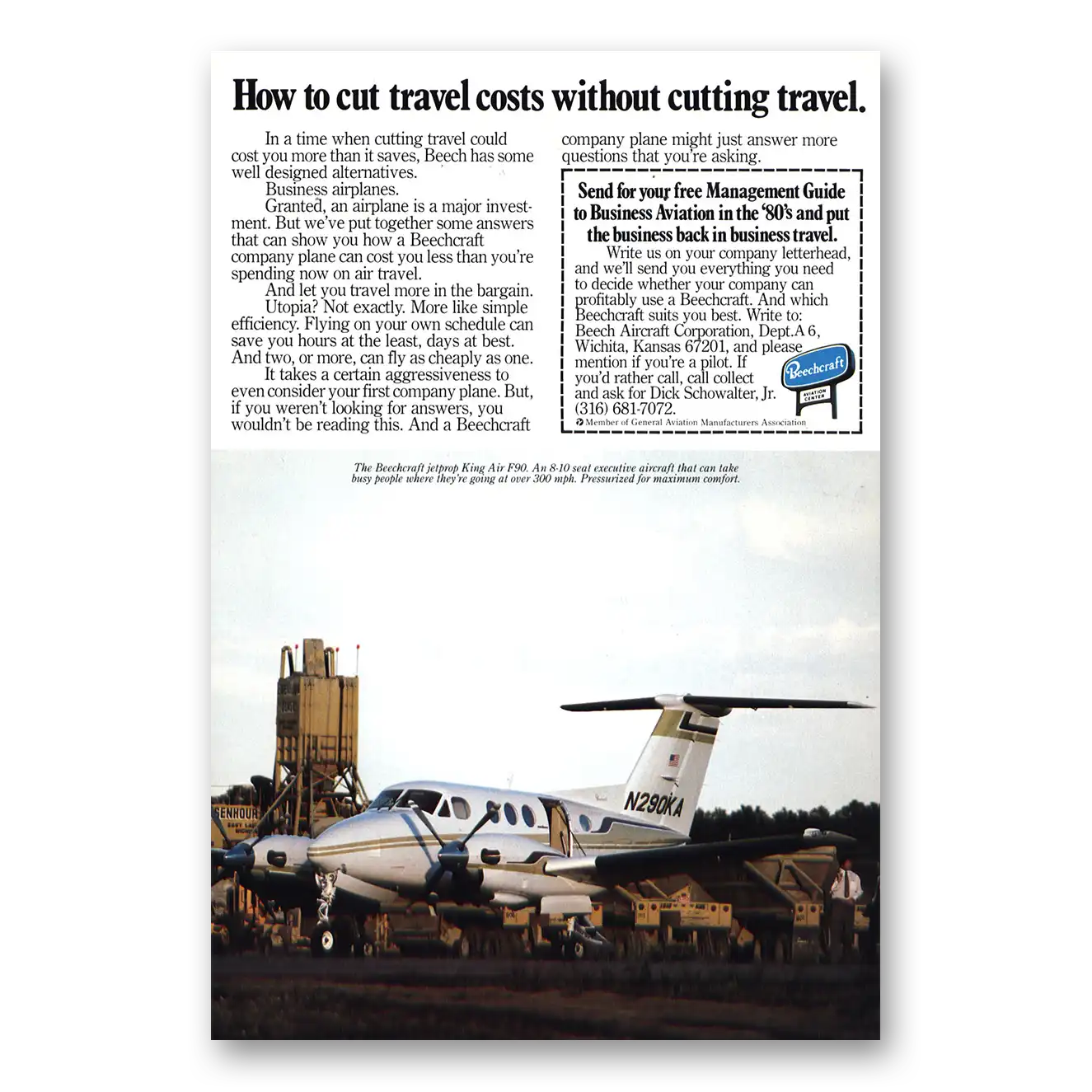 1980 Beechcraft King Air Jetprop King Air F90 Cut Travel Costs Vintage Magazine Print Ad