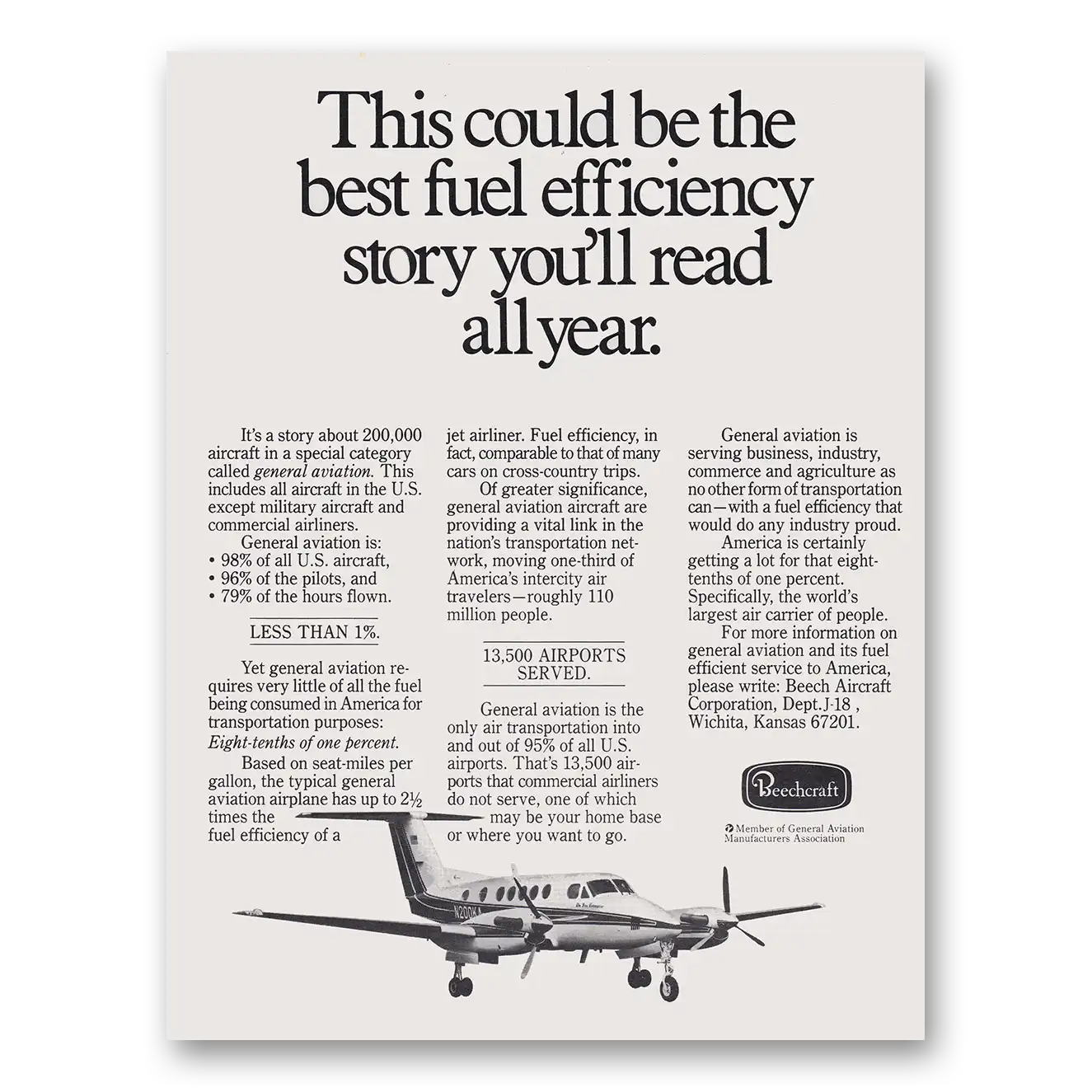 1980 Beechcraft Best Fuel Efficiency Story Vintage Magazine Print Ad