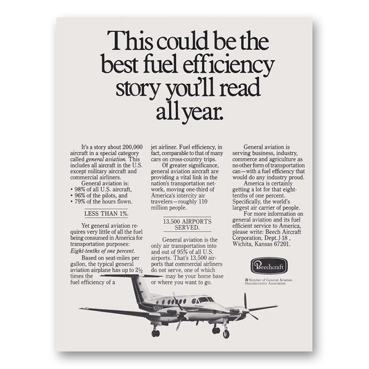 1980 Beechcraft Best Fuel Efficiency Story Vintage Magazine Print Ad