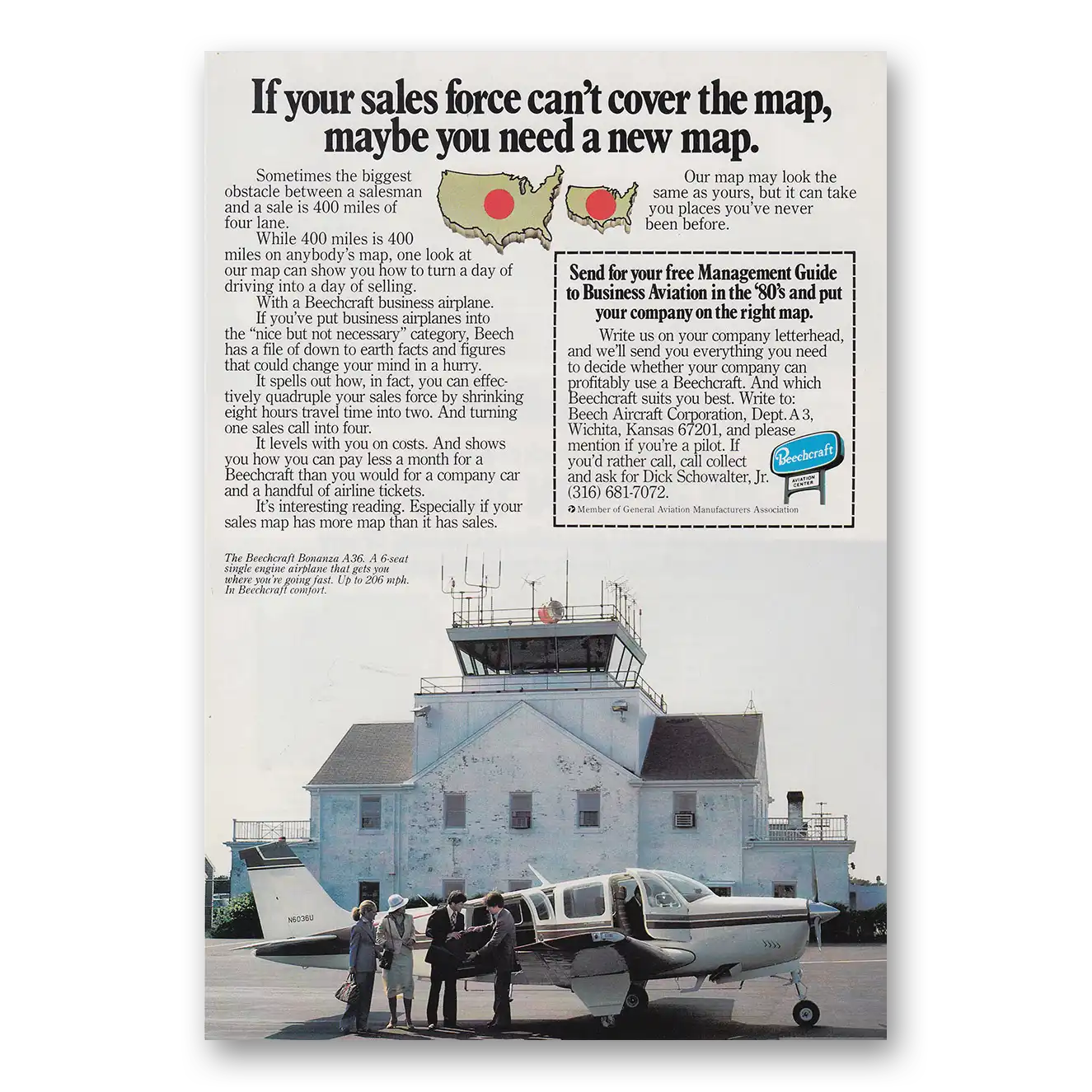 1980 Beechcraft Bonanza Sales Force Can't Cover the Map Vintage Magazine Print Ad