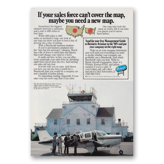 1980 Beechcraft Bonanza Sales Force Can't Cover the Map Vintage Magazine Print Ad