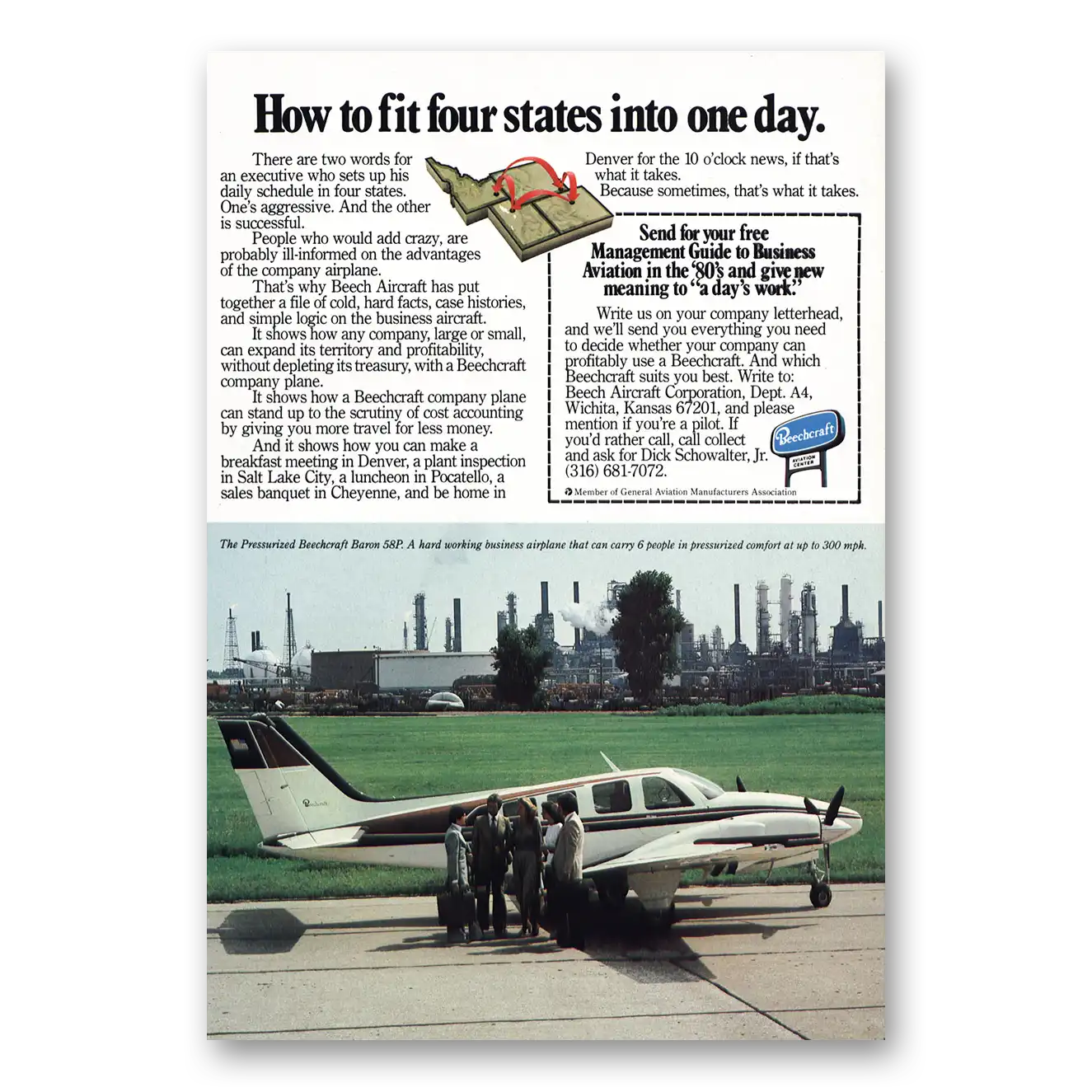 1980 Beechcraft Baron Four States One Day Vintage Magazine Print Ad