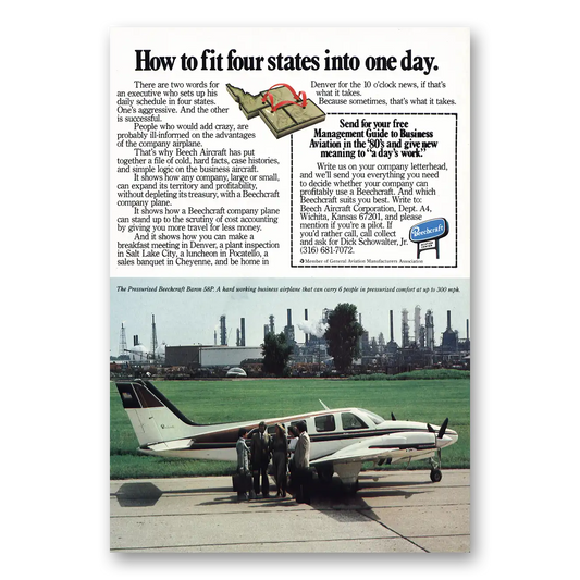 1980 Beechcraft Baron Four States One Day Vintage Magazine Print Ad