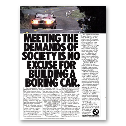 1980 BMW 5 Series Meeting the Demands of Society Vintage Magazine Print Ad